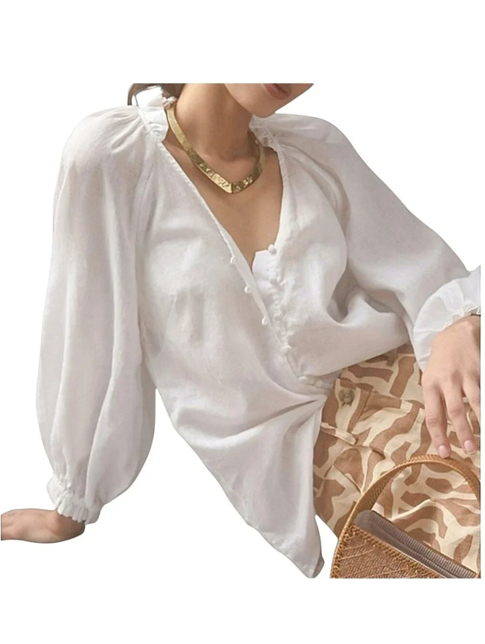 Anthropologie Maeve White Linen Audie Ruffle Puff Long Sleeve Peasant Top- Small